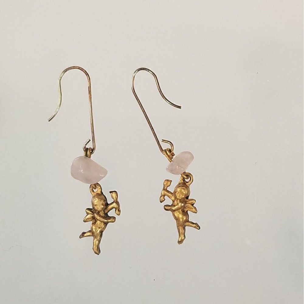 Vintage Cupid  With Arrow Earrings Tiny Dangling Cherub With Pink Stone